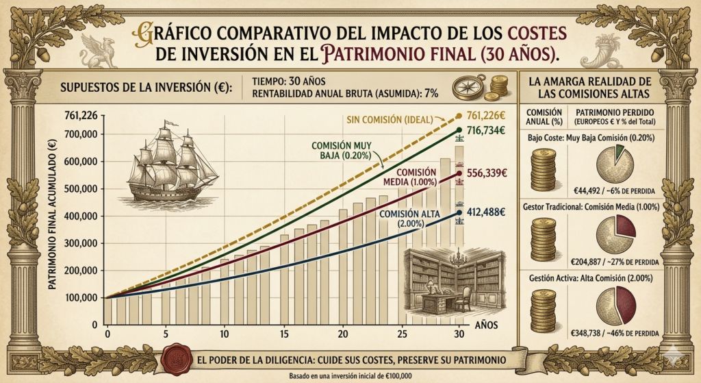 Gráfico comparativo del impacto de los costes de inversión en el patrimonio final a 30 años con distintos niveles de comisión