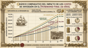Gráfico comparativo del impacto de los costes de inversión en el patrimonio final a 30 años con distintos niveles de comisión